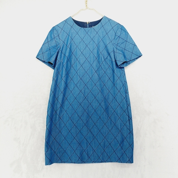 Kate Spade Blue Quilted Chambray Back Zipper Short Sleeve Shift Dress P1009 - Picture 2 of 10